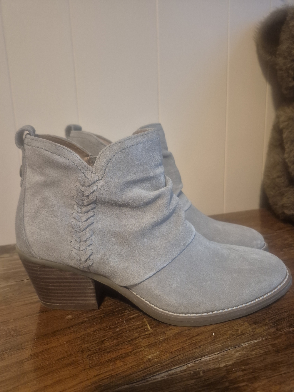 Earth Light Gray Suede Ankle Booties with Braided Side Detail